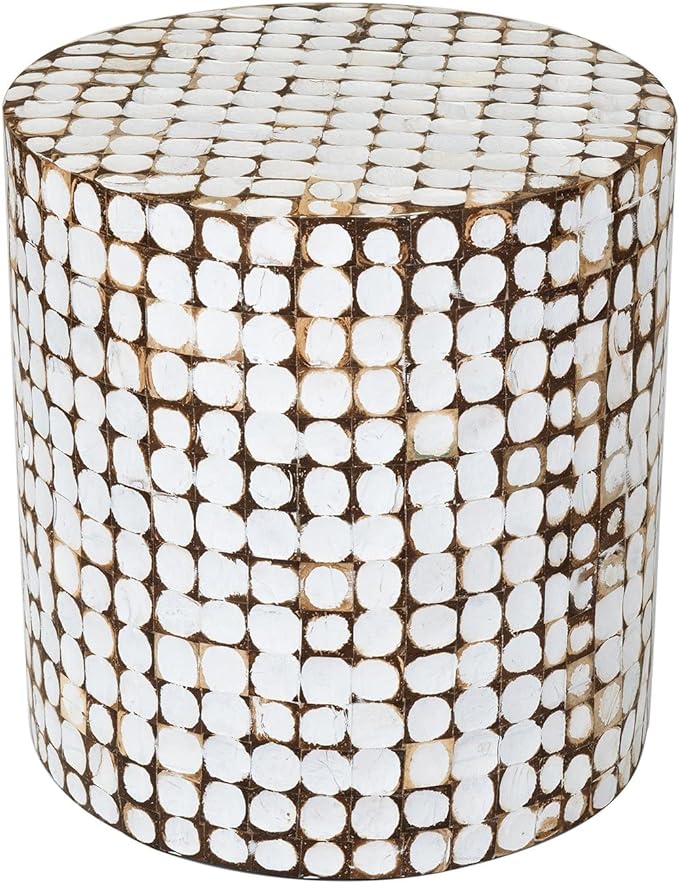 Round Side Table - Real Coconut Shell Mosaic Inlaid, Pre-Assembled,