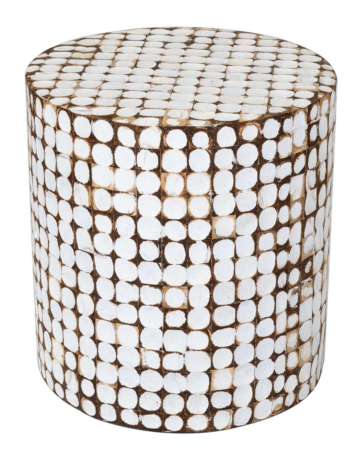 Round Side Table - Real Coconut Shell Mosaic Inlaid, Pre-Assembled,