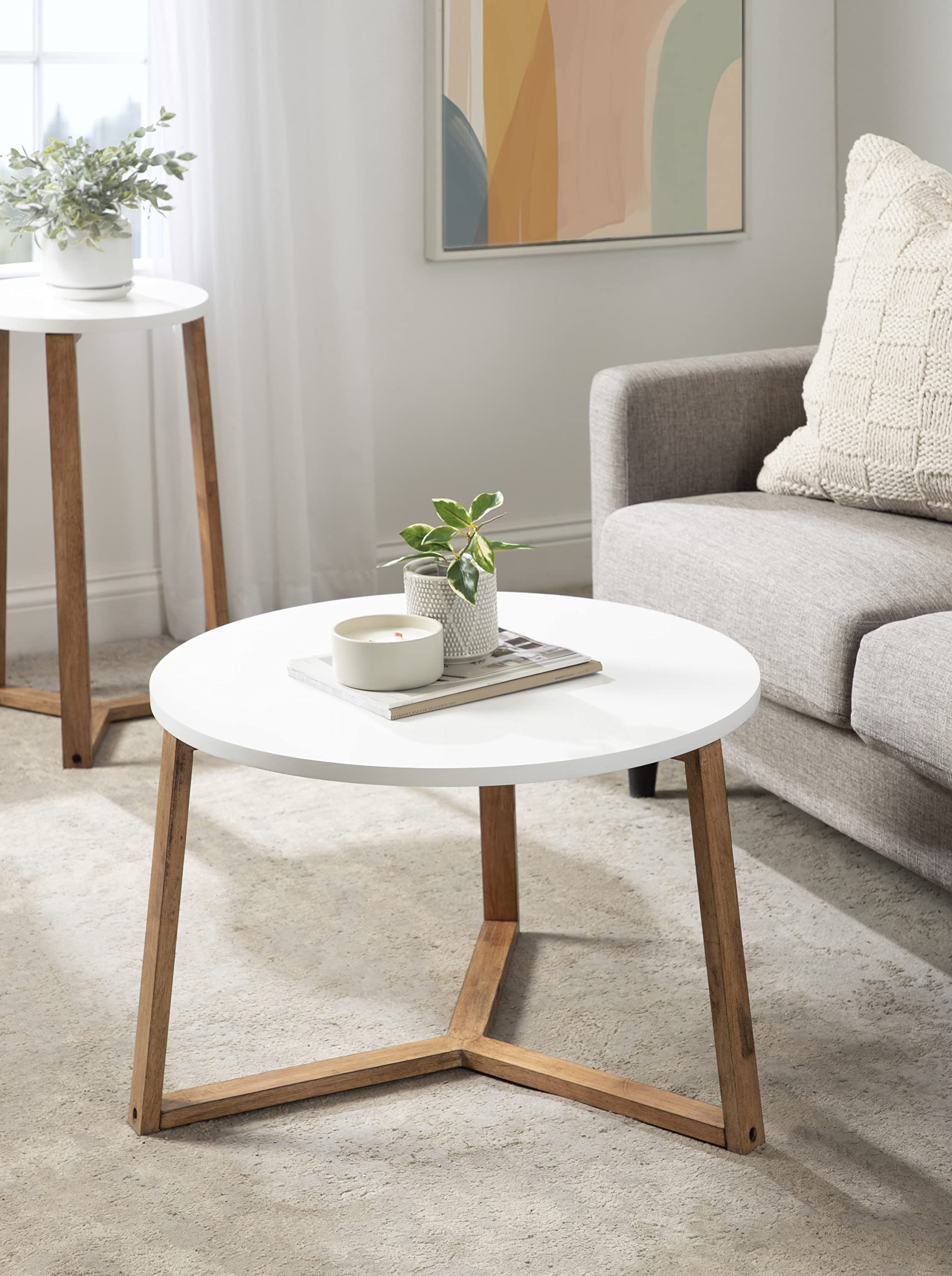 Rioux Modern Round Coffee Table, 26 x 26 x 18, White and Natural Wood