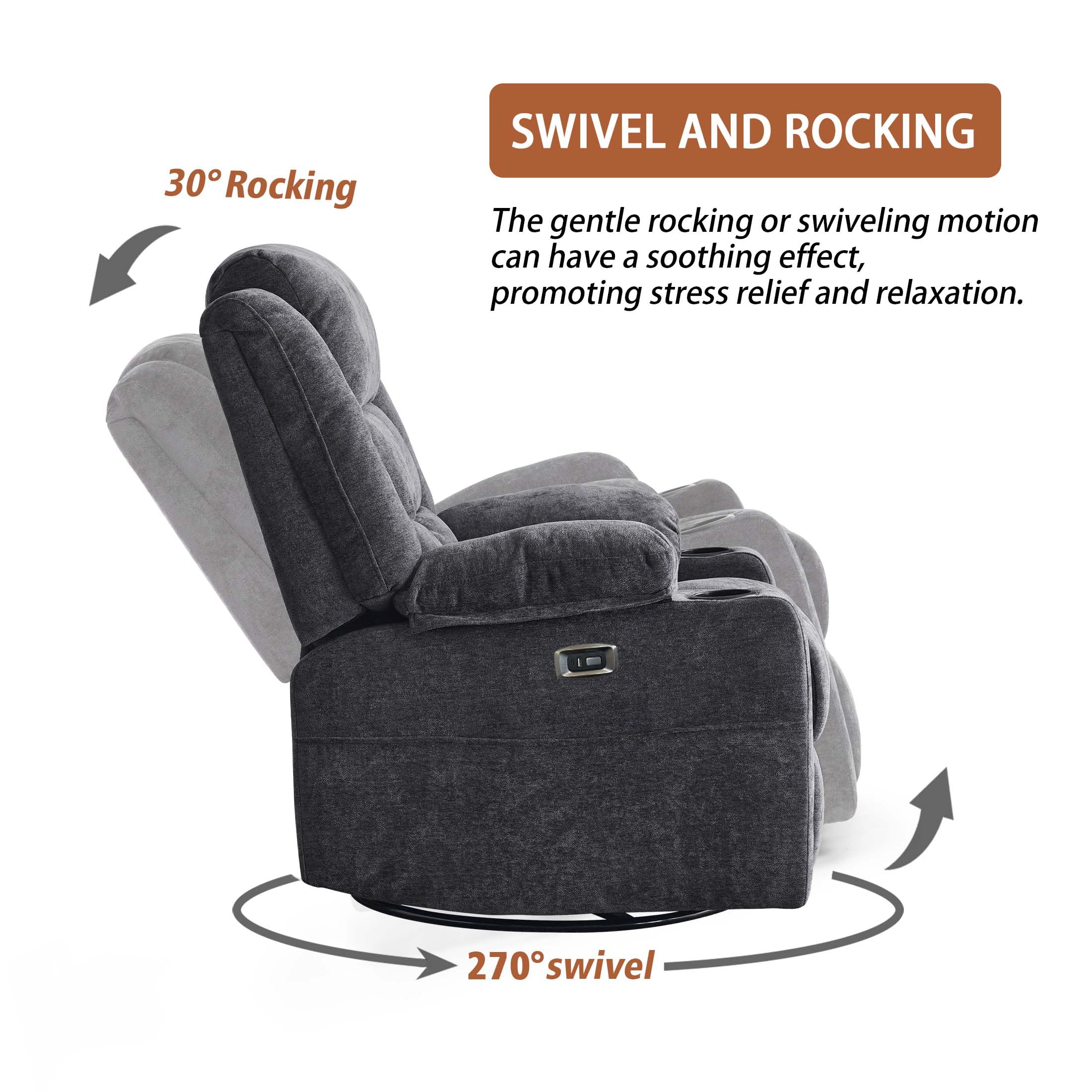 ZeniLuxe Swivel Recliner Chair with Massage, Heat, USB-C & Cup Holders