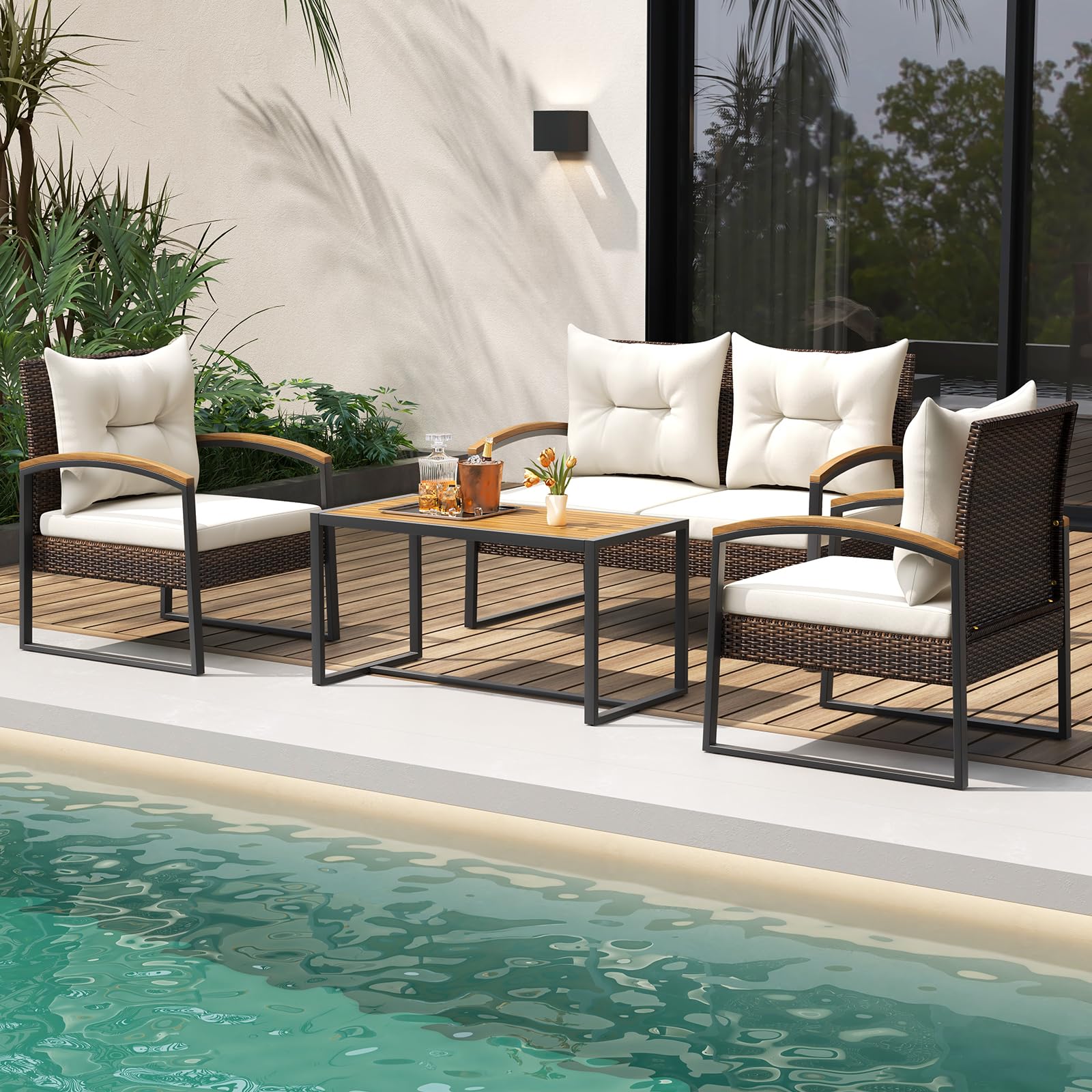 Tangkula 4 Piece Patio Conversation Set, with Heavy Duty Solid Acacia Wood Armrests