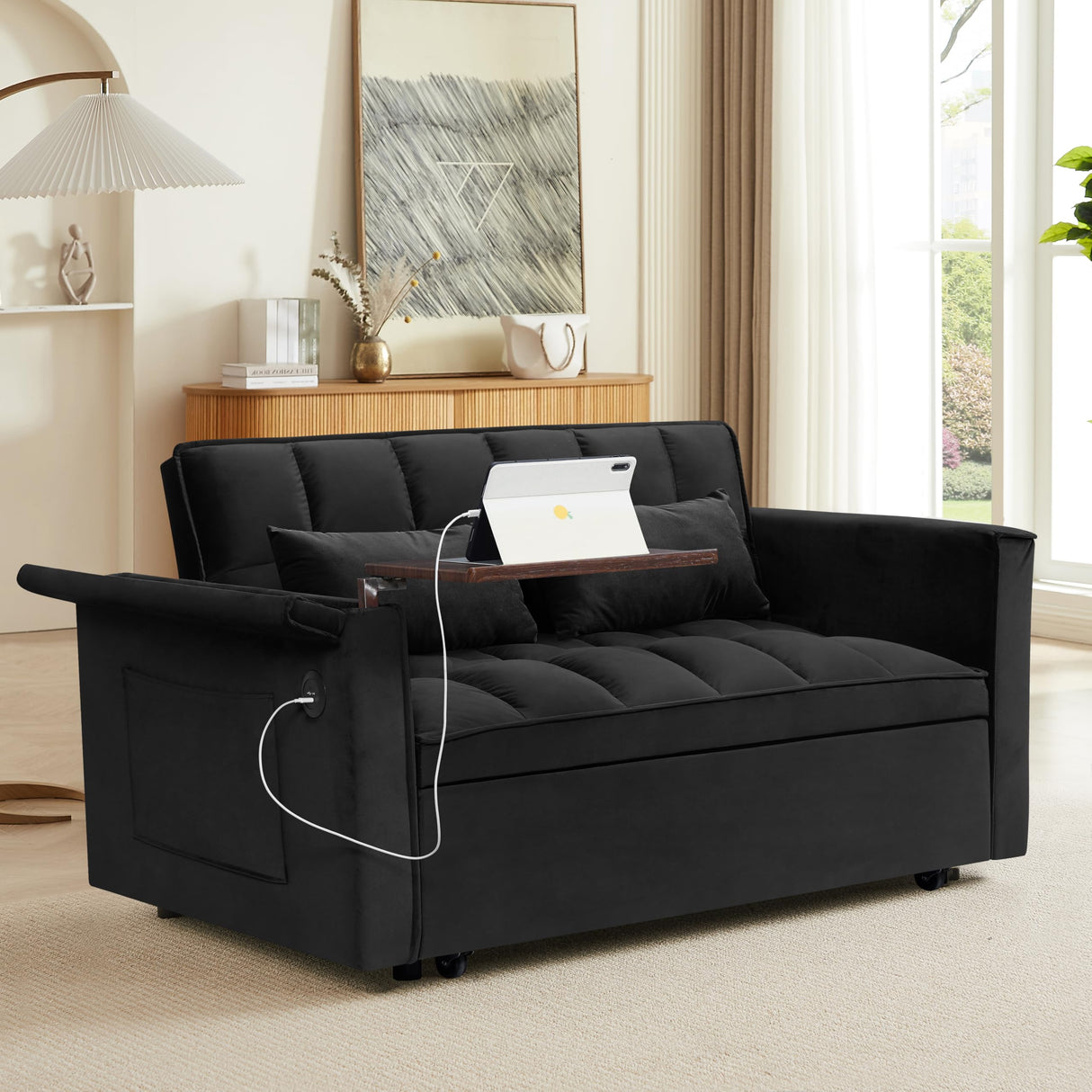 3-in-1 Pull Out Velvet Sofa Bed, Adjustable Backrest Tufted Velvet Love Seat Couch