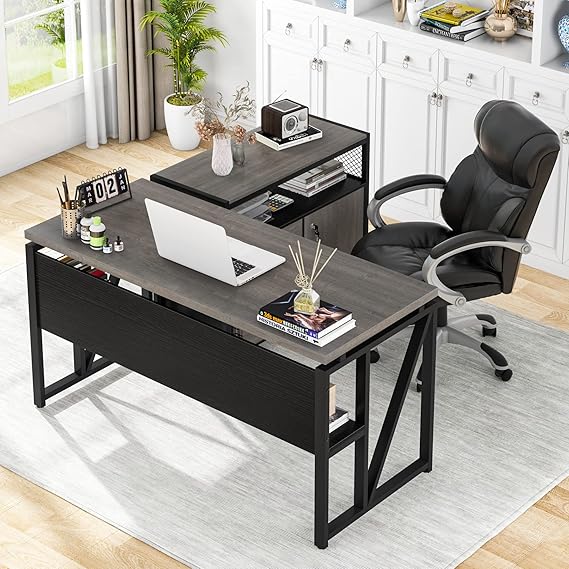 55-Inch L Shaped Office Desk with Drawers & Storage Shelves