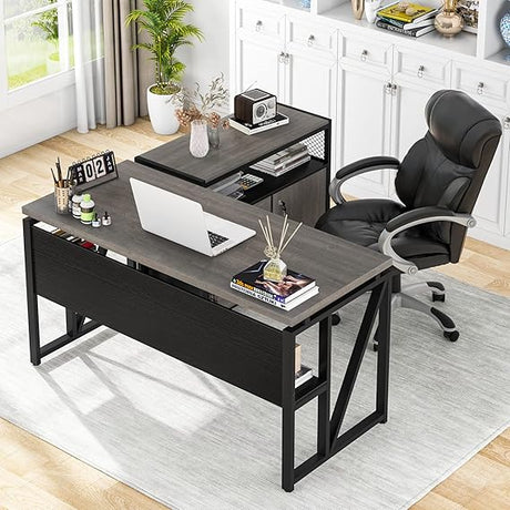 Office Desk with Drawers,55 inches L Shaped Computer Desk with Storage Shelves