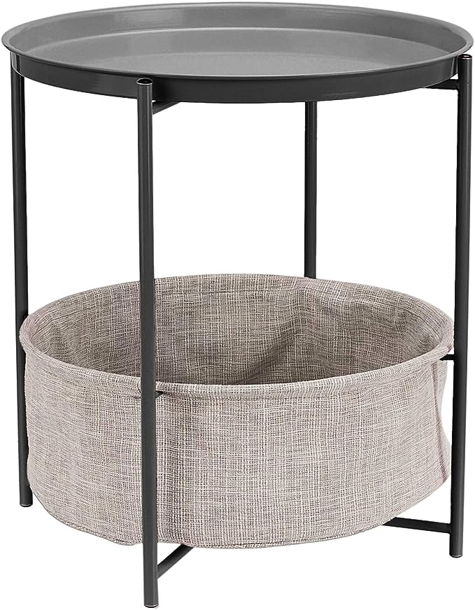 Round Storage End Table, Side Table with Cloth Basket, Dusty Pink