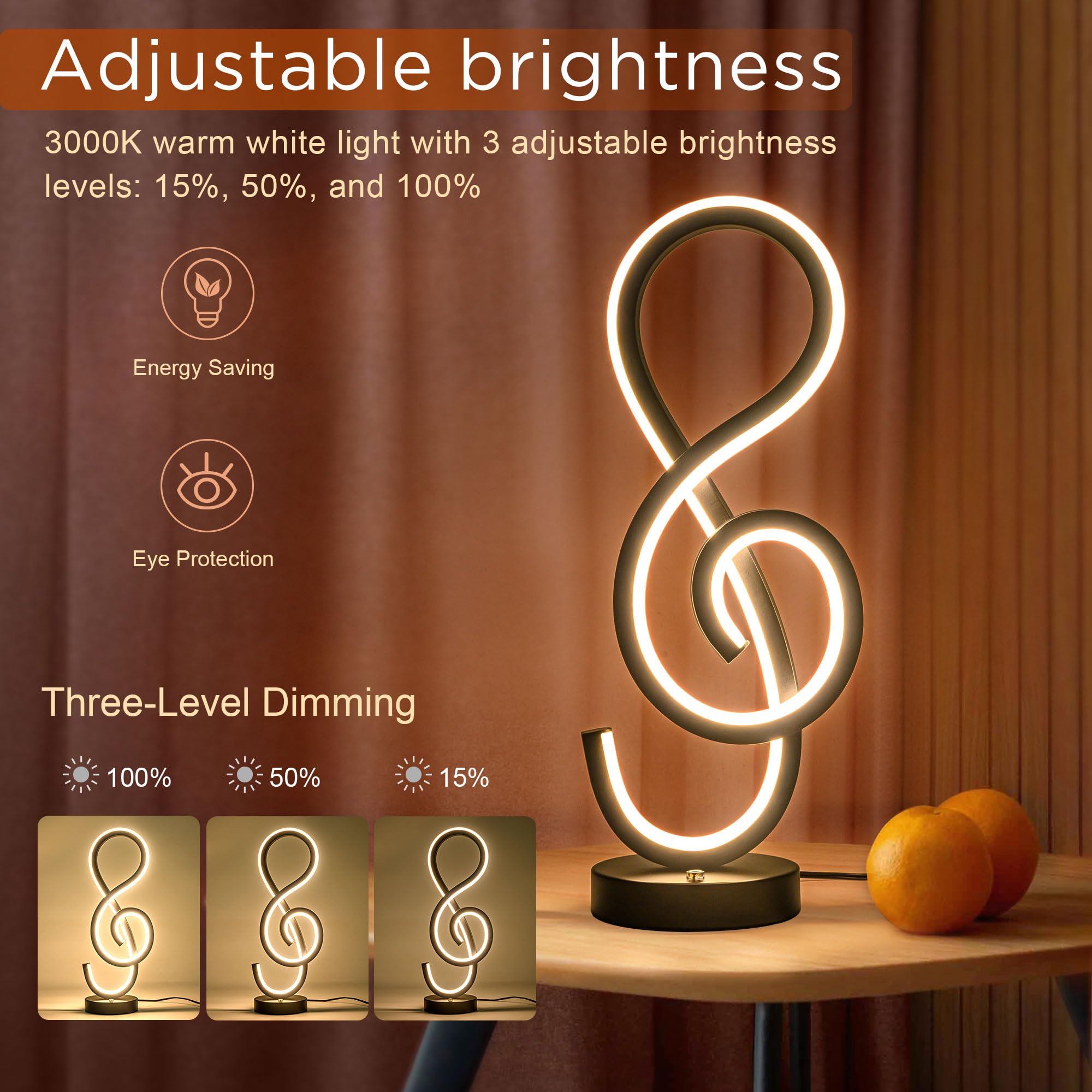 RGB Modern Table Lamp, LED Spiral Lamp with Music Note Design, Black Bedside Lamp