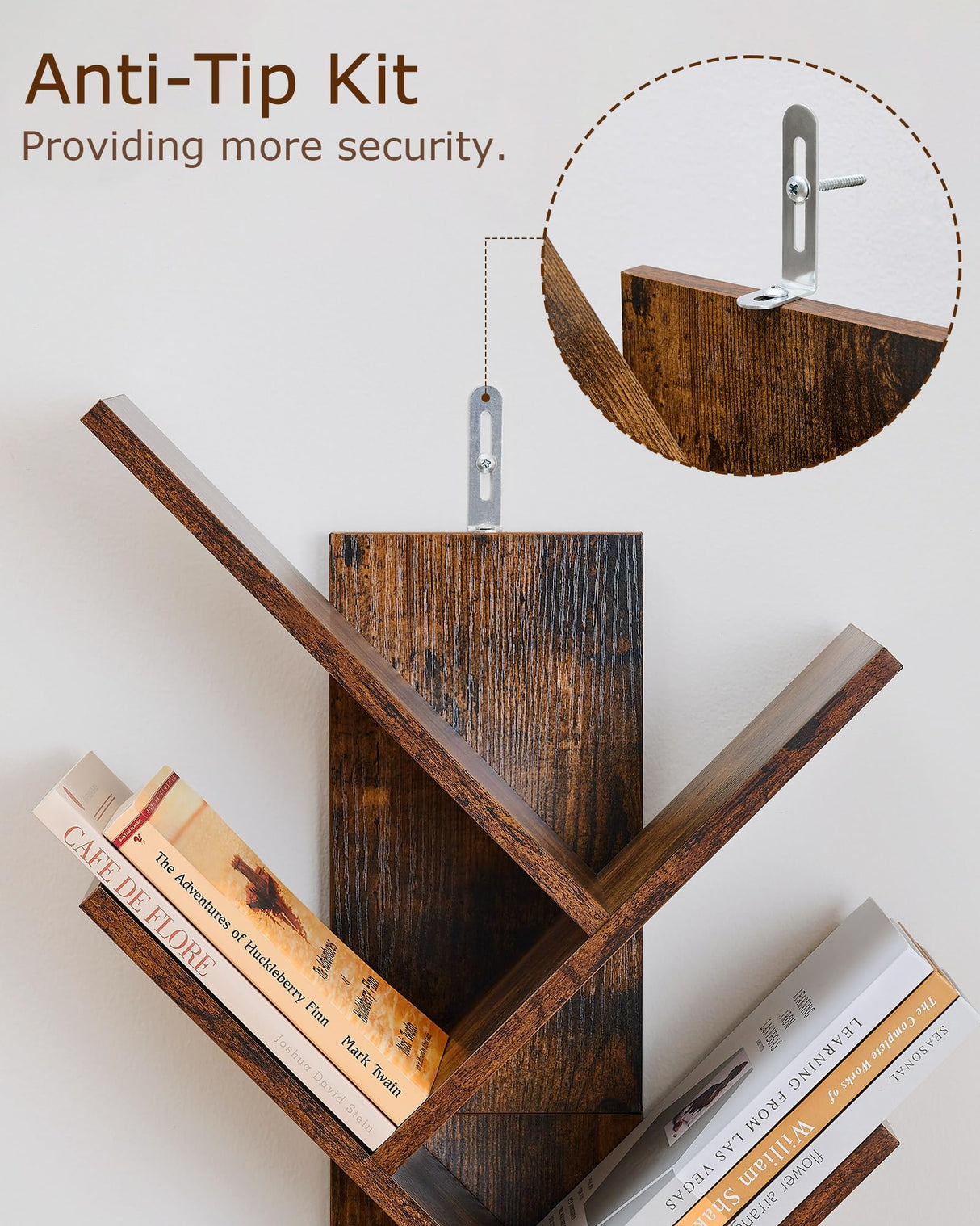 10 Shelf Tree Bookshelf, Floor Standing Wood Bookshelf for Books/Magazine/CDs/Movies, Modern Storage Rack Tree Bookcase, Utility Organizer Shelves for Narrow Space Home Office, Rustic Brown