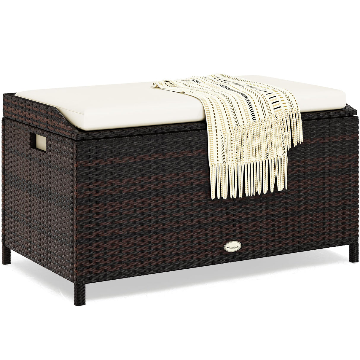 Outdoor Wicker Storage Bench Deck Box, Large PE Rattan Patio Storage Bench