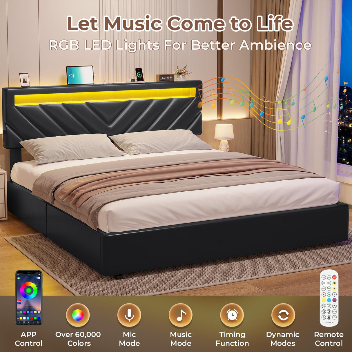 Full Bed Frame with LED Lights and Drawers, PU Leather Bed with Charging Station,