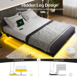 Queen Size Floating Bed Frame with LED Lights, USB Charging Station, Modern Metal Platform Bed Frame, Noise Free No Box Spring Needed and Easy Assembly