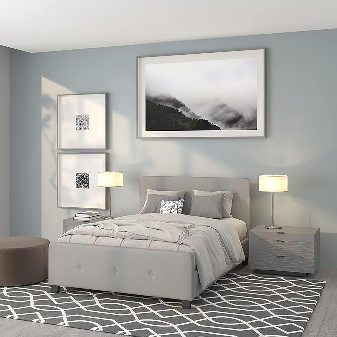 Tribeca King Size Tufted Upholstered Platform Bed in Beige Fabric