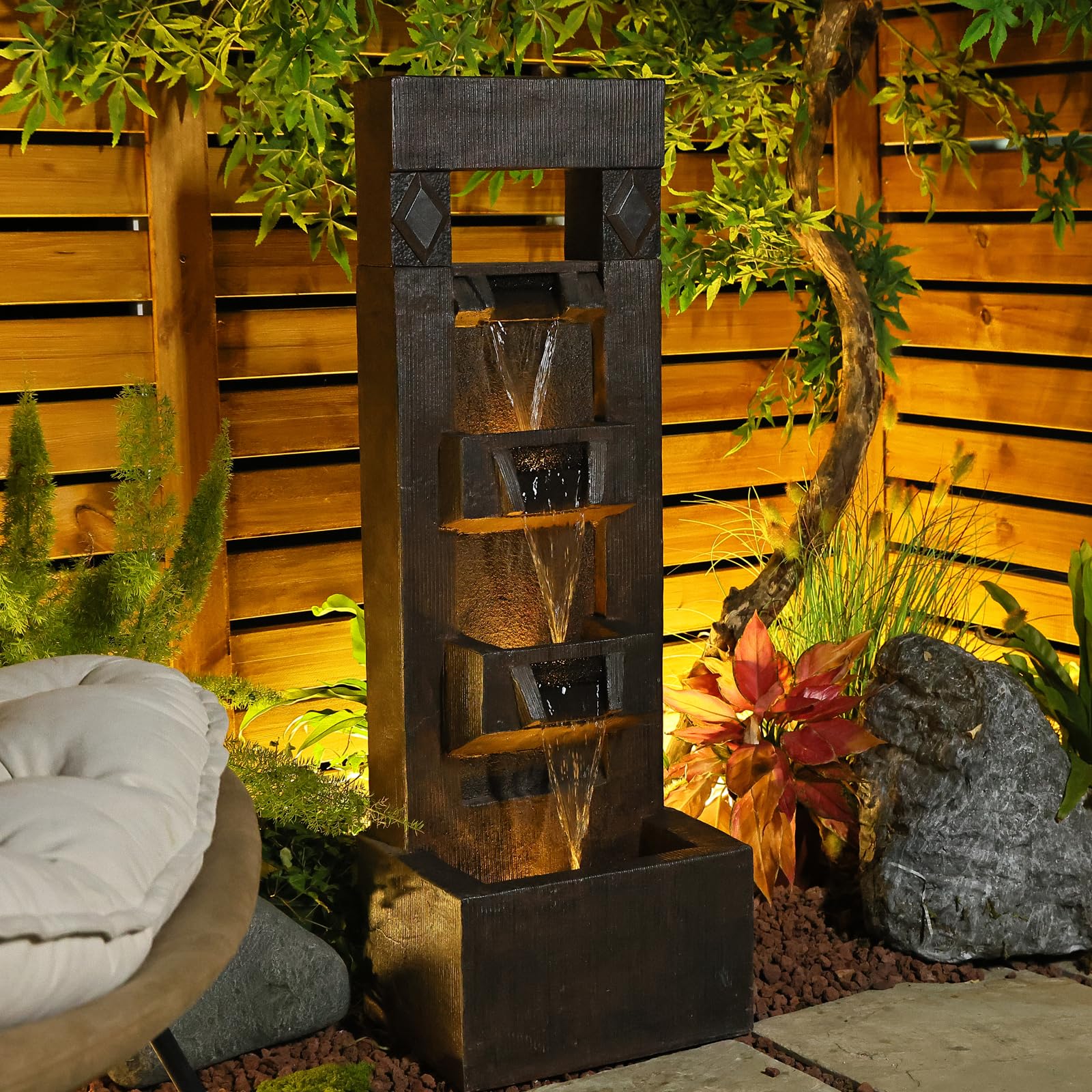 40.94''H Water Fountain Outdoor with LED and Pump, 4 Tiered Large Garden Waterfall