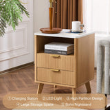 Fluted Nightstands with Drawer Storage, Bed Side Table, End Table, LED Nightstand with Charging Station,