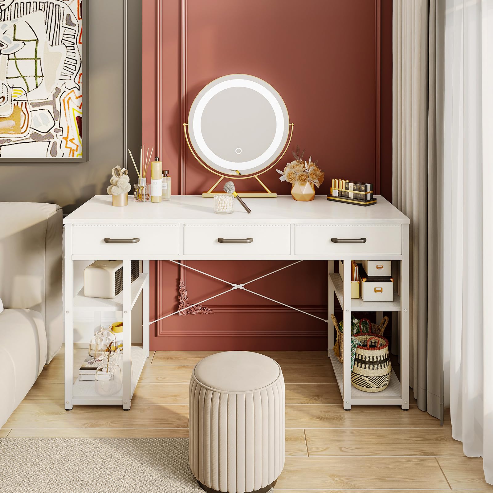 Office Small Computer Desk: Home Table with Fabric Drawers & Storage Shelves