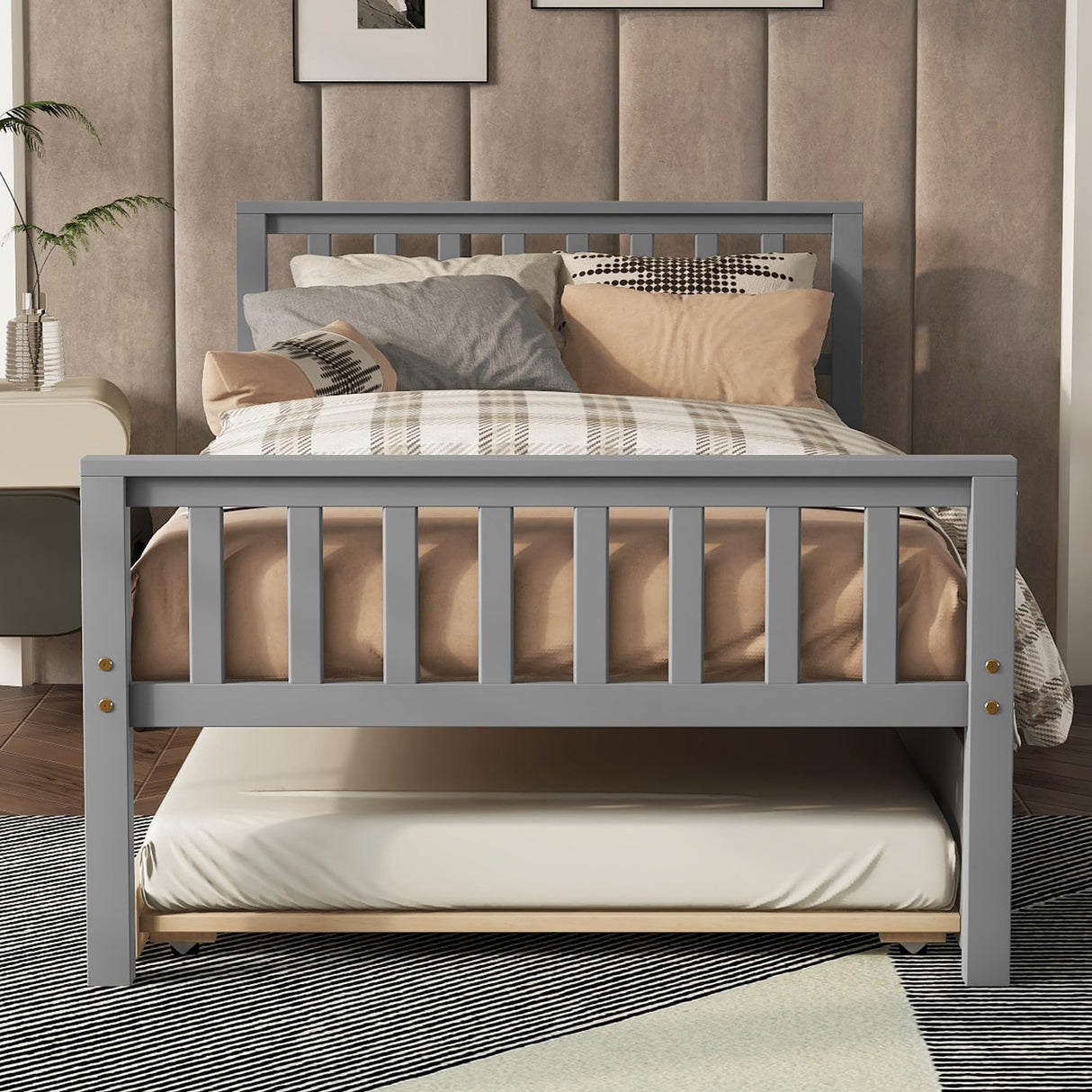 Wood Platform Bed Frame with Headboard and Footboard, Twin Bed Frame with Trundle