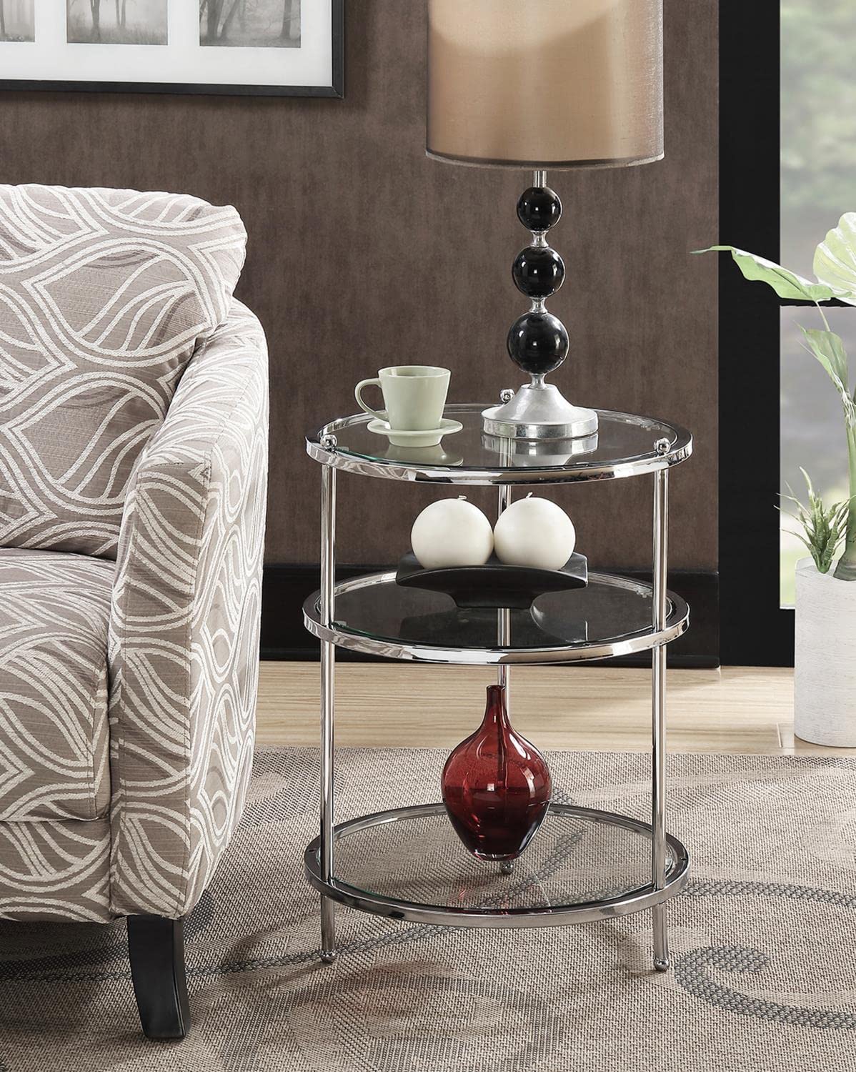 Royal Crest 3 Tier Round End Table, Chrome / Glass