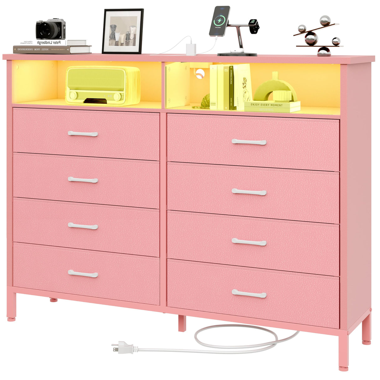 SOOWERY Dresser for Bedroom Led Bedroom Dresser with Charging Station, Tall Dresser with 8 Fabric Chest of Drawers, Dresser for Kids Room, TV Stand for up to 60" TV for Living Room, Pink