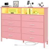 SOOWERY Dresser for Bedroom Led Bedroom Dresser with Charging Station, Tall Dresser with 8 Fabric Chest of Drawers, Dresser for Kids Room, TV Stand for up to 60" TV for Living Room, Pink