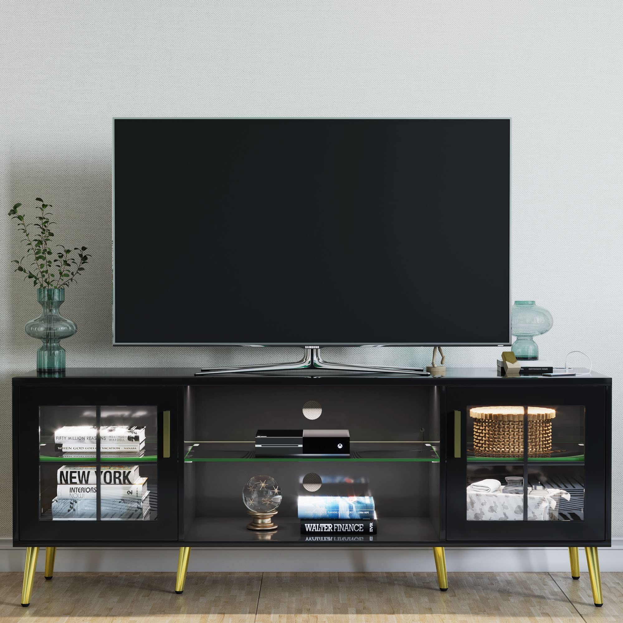 TV Stand Black with 3 Color LED Lights, TV & Media Furniture for Living Room, Media Table
