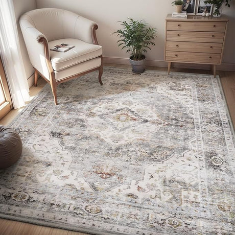 Area Rug 5X7 Rugs for Living Room-Vintage Soft Beige Rugs for Bedroom-Non Slip Carpet