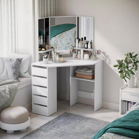 Desk with Mirror - White Makeup Table with 5 Sliding Drawers,Makeup Dressing Table