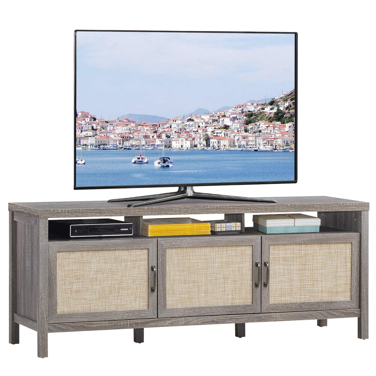 TV Stand, 62" Modern Boho Entertainment Center for TVs up to 65/70 Inches, Adjustable Shelves,