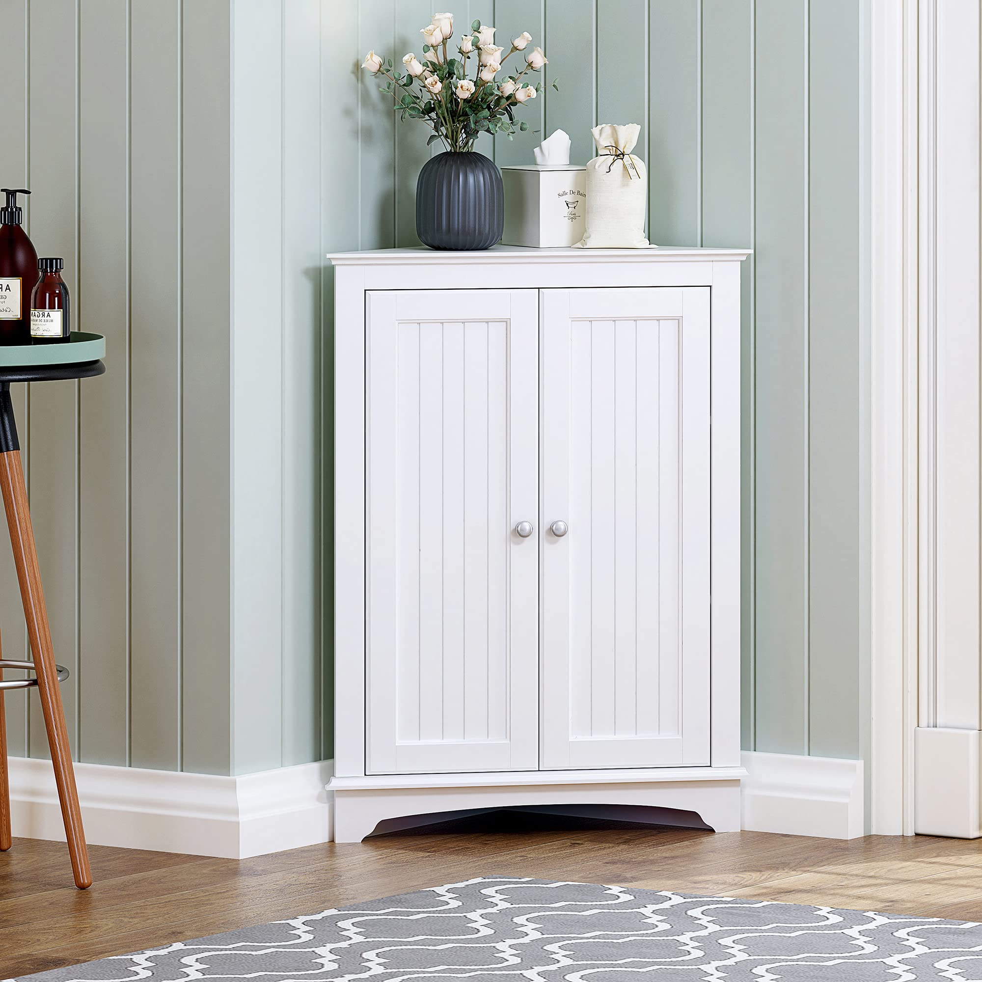Floor Corner Cabinet with Two Doors and Shelves, Free-Standing Corner Storage Cabinets