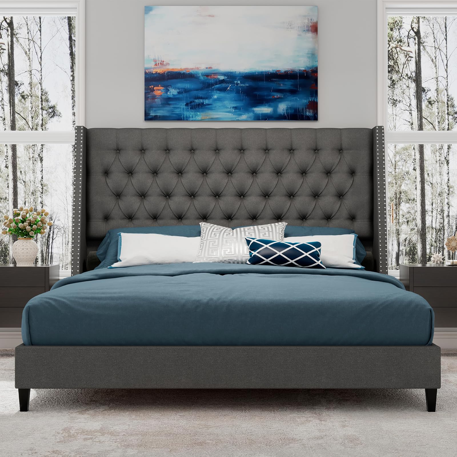 Queen Size Bed Frame, Linen Upholstered Platform Bed with Nailhead Wingback Headboard