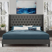 Queen Size Bed Frame, Linen Upholstered Platform Bed with Nailhead Wingback Headboard