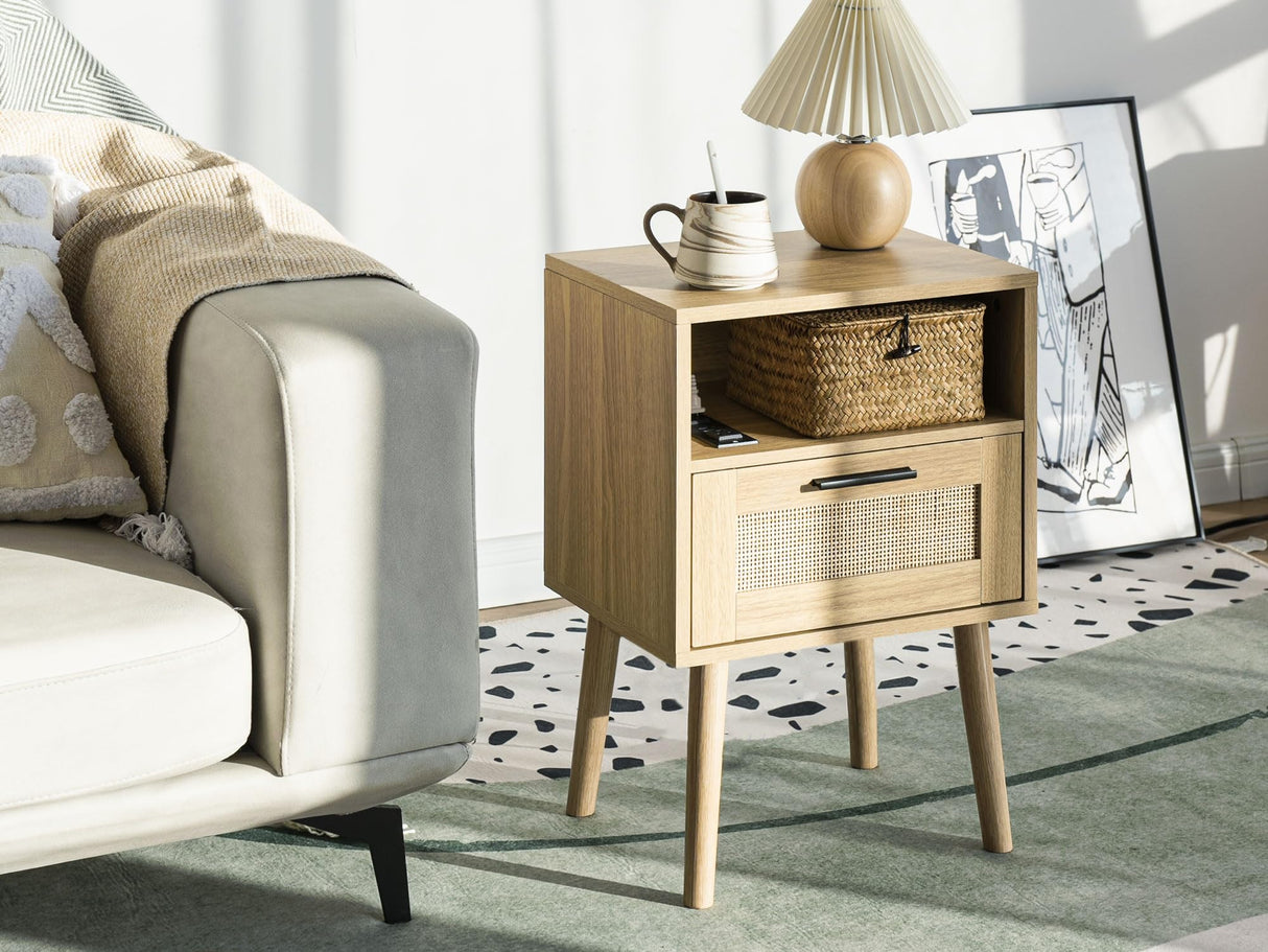 Rattan Nightstand with Charging Stantion, Rattan Side Table with Storage, Mid Century