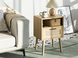 Rattan Nightstand with Charging Stantion, Rattan Side Table with Storage, Mid Century