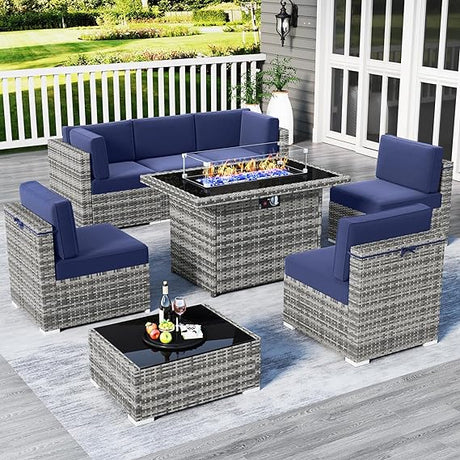 8 Pieces Outdoor Patio Furniture Set with 44" Fire Pit Table Brown Rattan