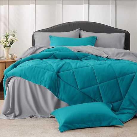 Queen Comforter Set - 7 Pieces Solid Grey Queen Bed in a Bag