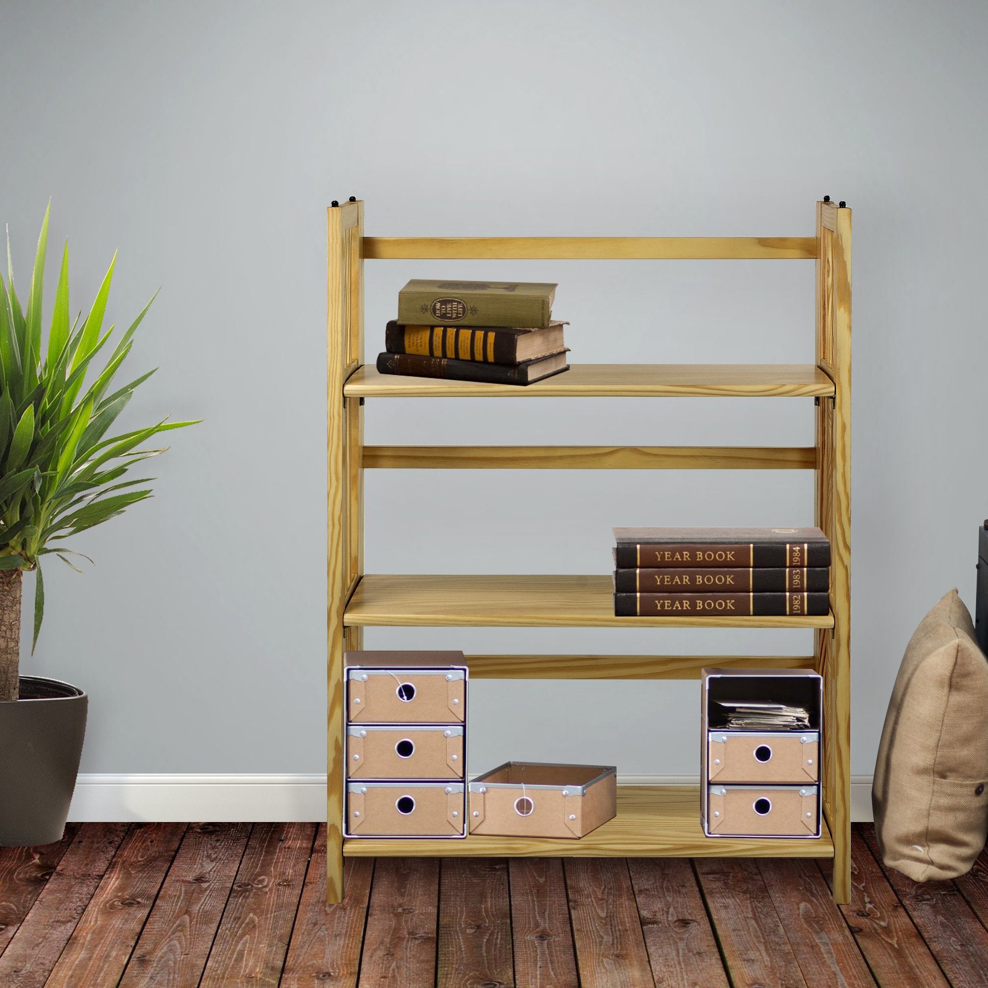 3-Shelf Folding Stackable Bookcase (27.5" Wide)-Natural