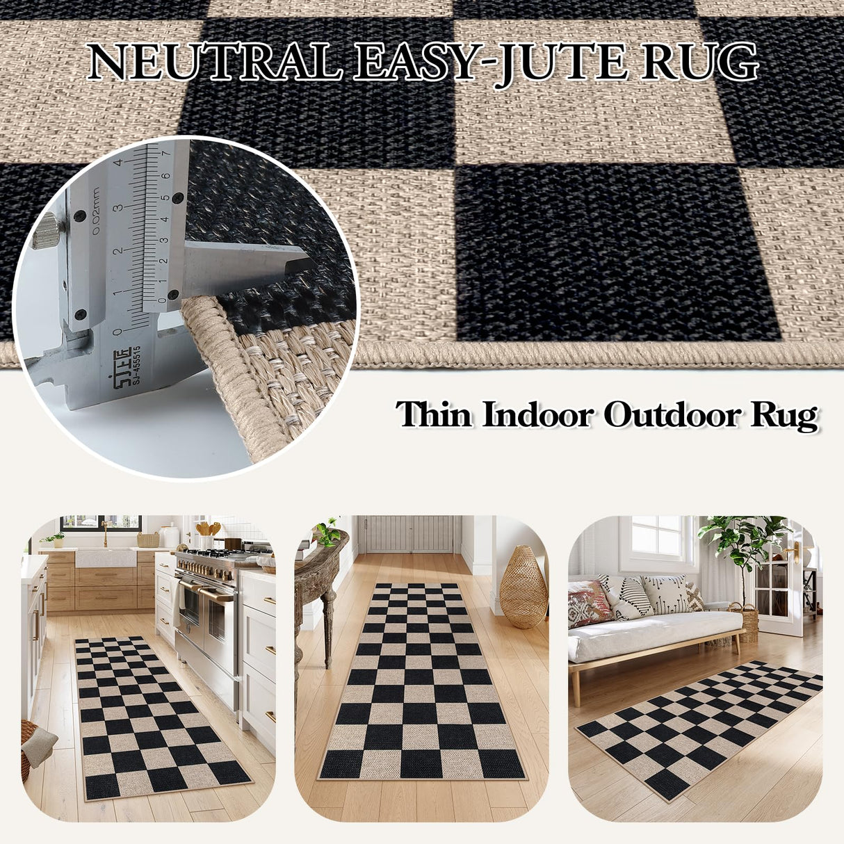 Checkered Easy Jute Runner Rug, 2x6 Hallway Kitchen Runner Rug Non Slip Washable