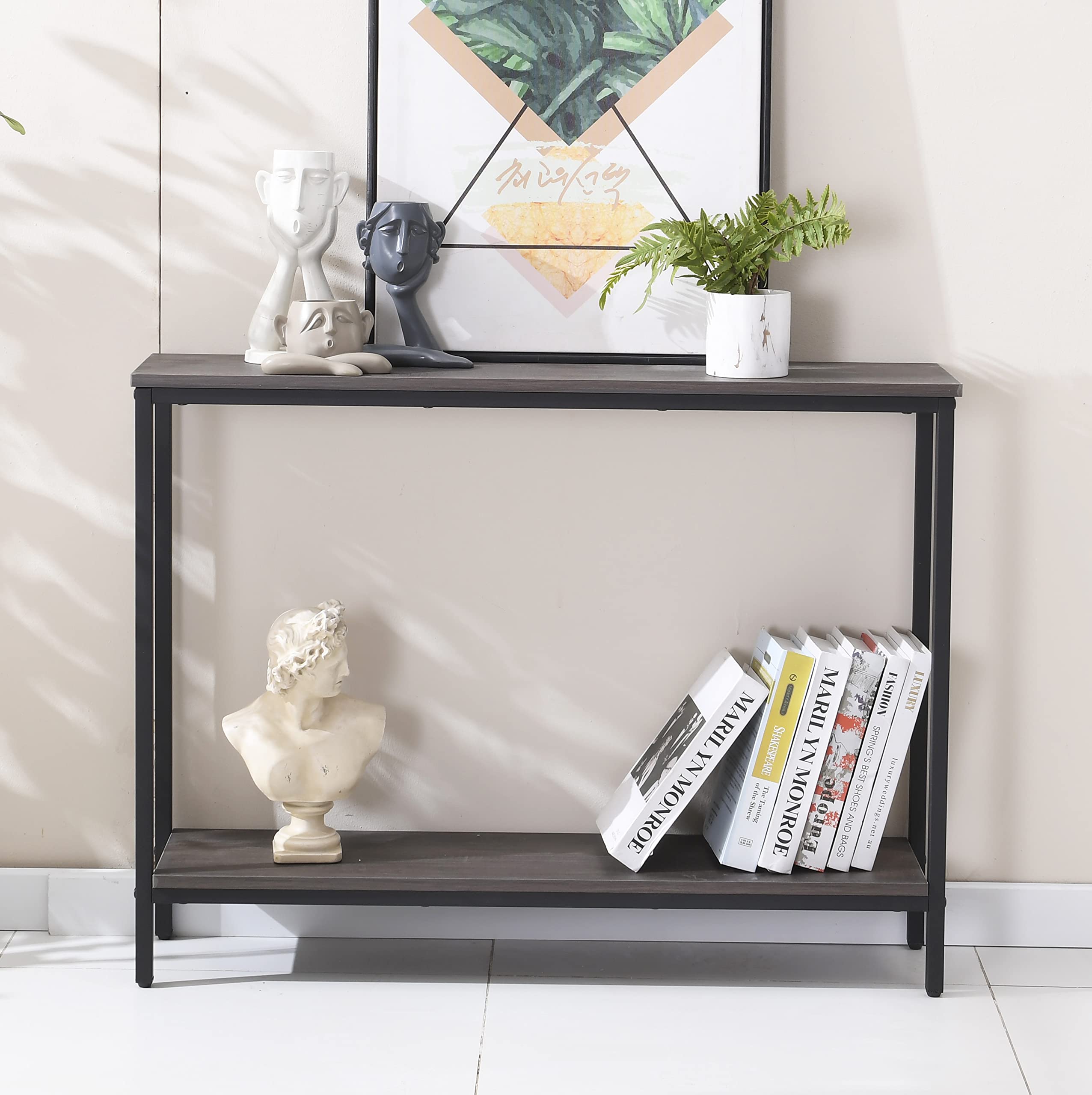 Modern Industrial Sofa Console Table for Living Room, Office (Dark Grey, Double Layer)