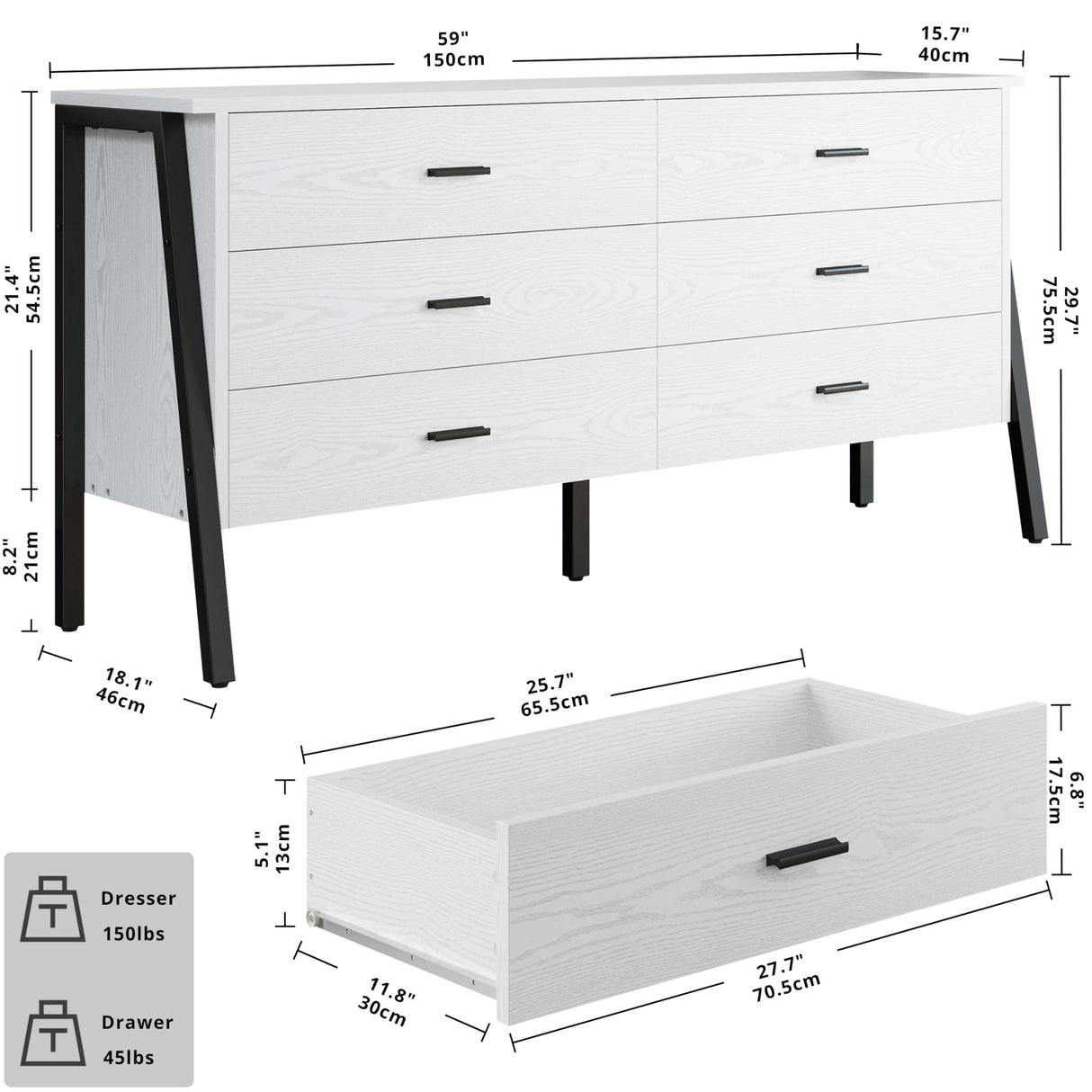 59" 6 Drawer Dresser for Bedroom, Wood Dressers & Chests of Drawers with Metal Frame,