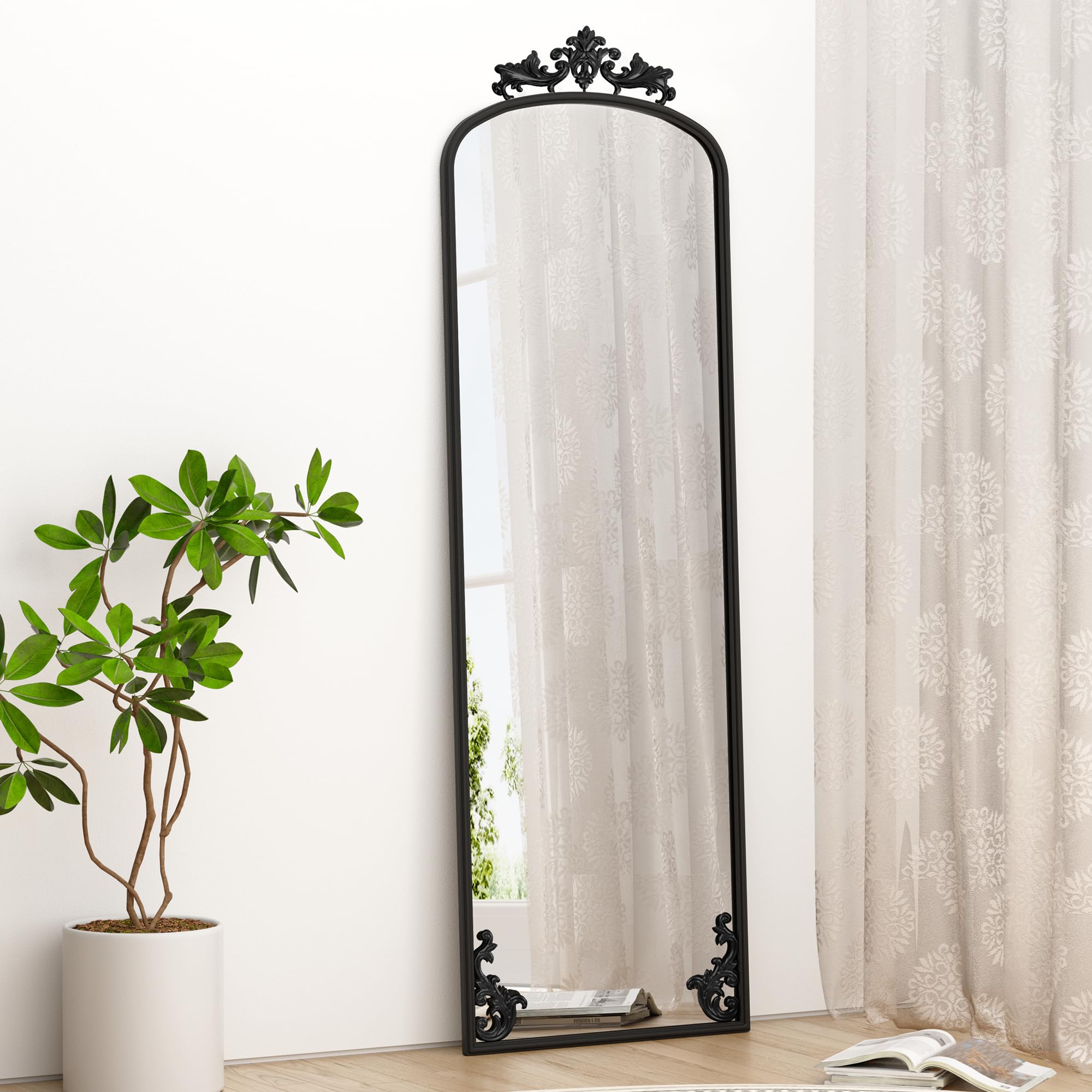 Arched Full Length Floor Mirror 65" x 21" - Black Metal Frame with Stand