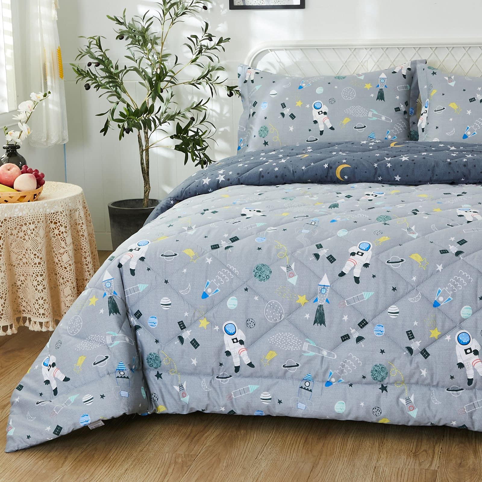 Kids Space Bedding Set Queen/Full - 100% Cotton Galaxy Comforter 3-Piece