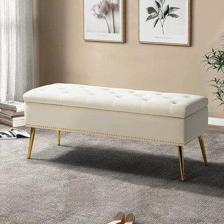 Modern Velvet Storage Ottoman Bench with Gold Base & Nailhead Trim, Upholg Room Dining Room