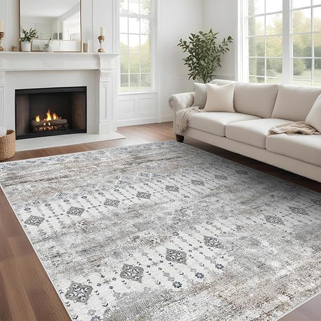 Abstract 8x10 Area Rug: Retro Soft Washable Non-Slip Neutral Area Rugs for Living Room