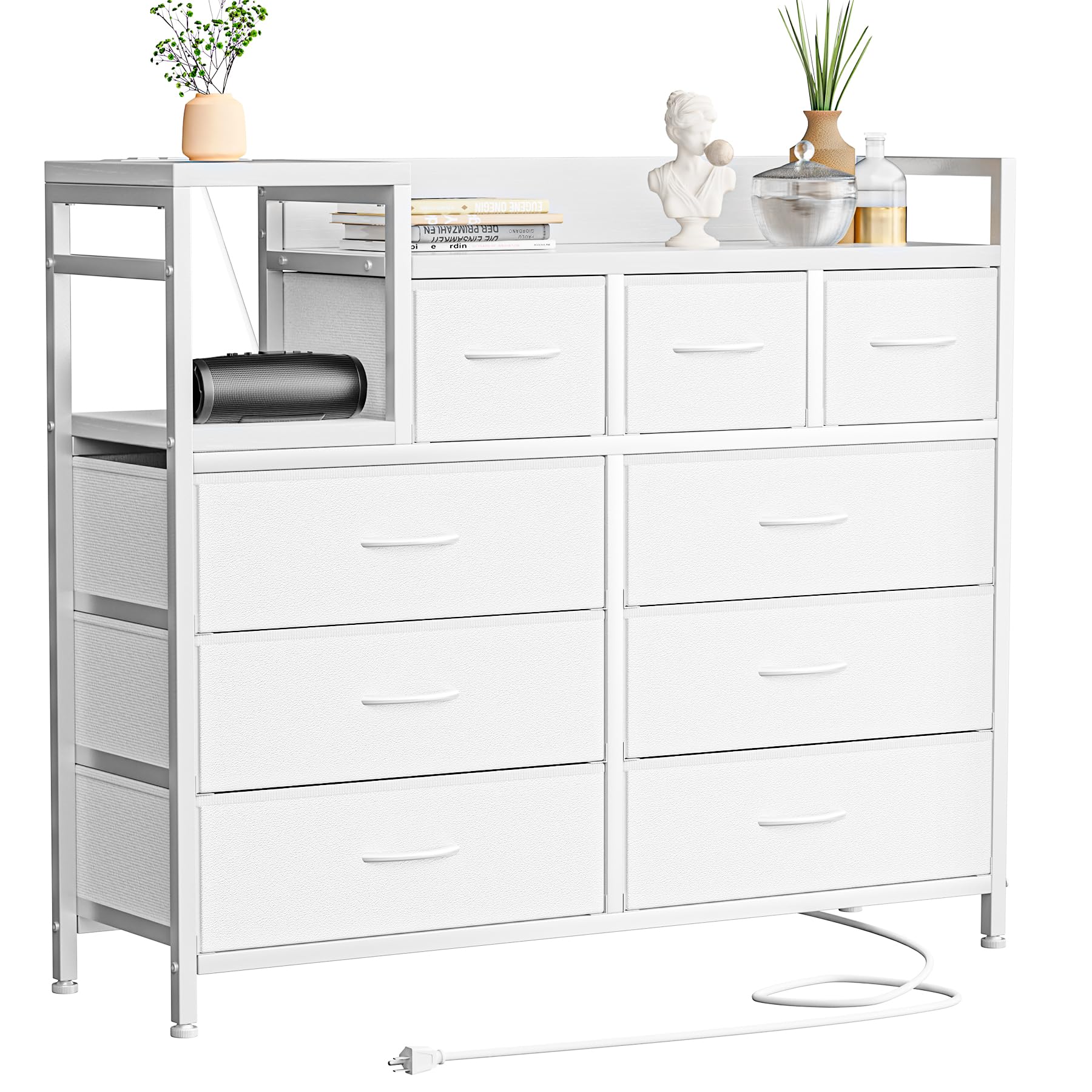 Dresser TV Stand with Power Outlet, Bedroom Dresser with 9 Drawers
