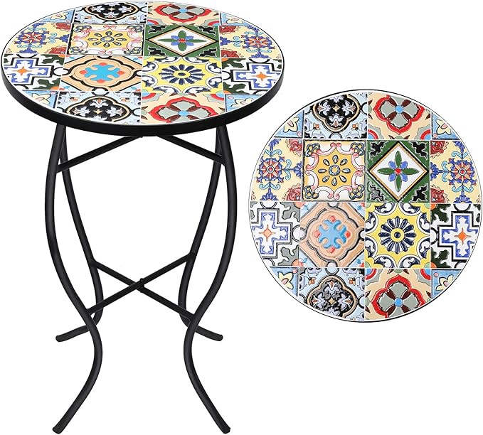 Mosaic Outdoor Side Table - Small Patio Table Coffee Outside Accent Tables Round End