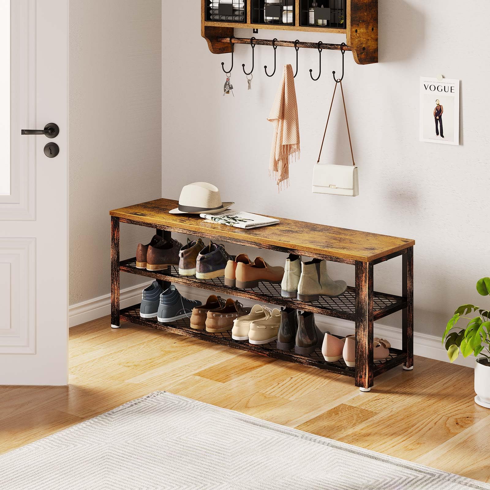 Shoe Bench, 3-Tier Shoe Rack, 39.4” Storage Entry Bench
