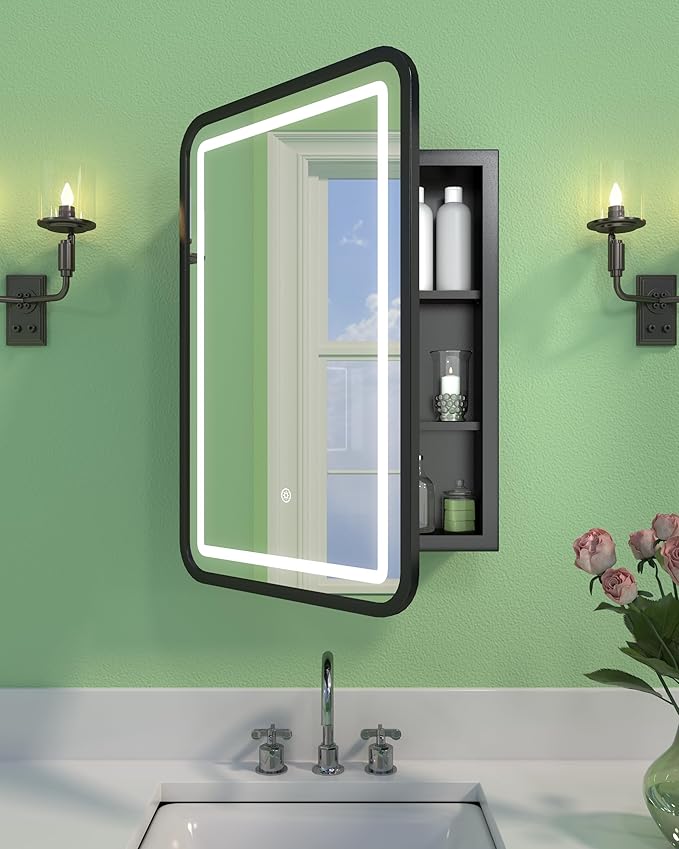 Lighted Medicine Cabinet with Mirror, Arched Bathroom Mirror with Lights and Storage,