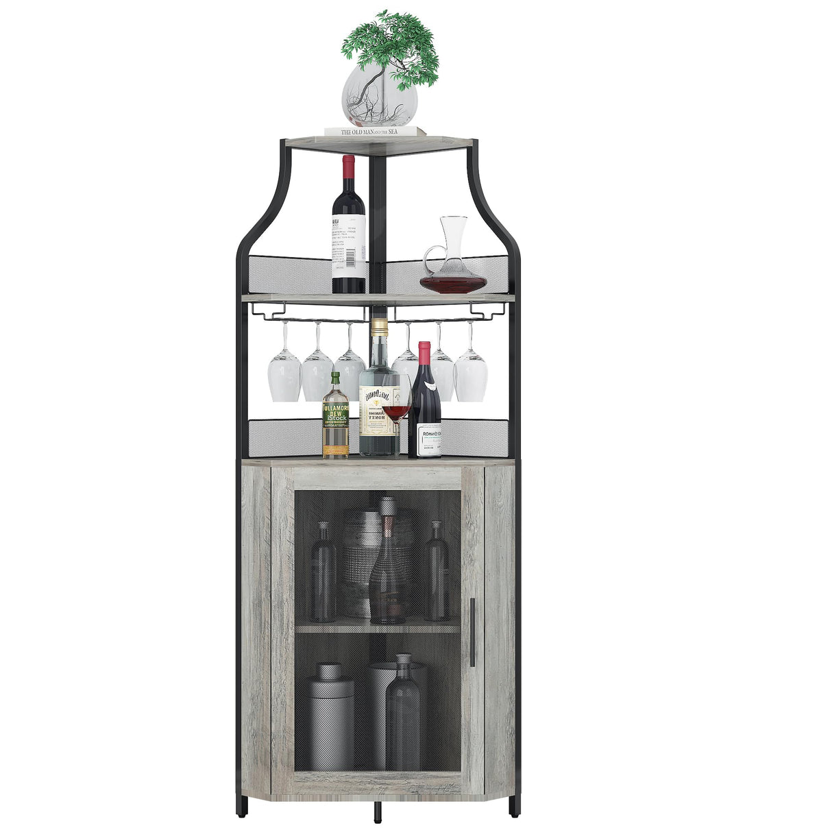 Corner Wine Bar Rack Cabinet with Detachable Wine Rack, Bar Cabinet