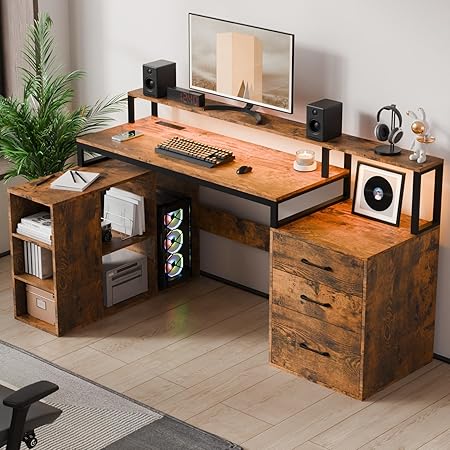 L Shaped Computer Desk with 3 Drawers, 65.7" Large Desk with Power Outlet