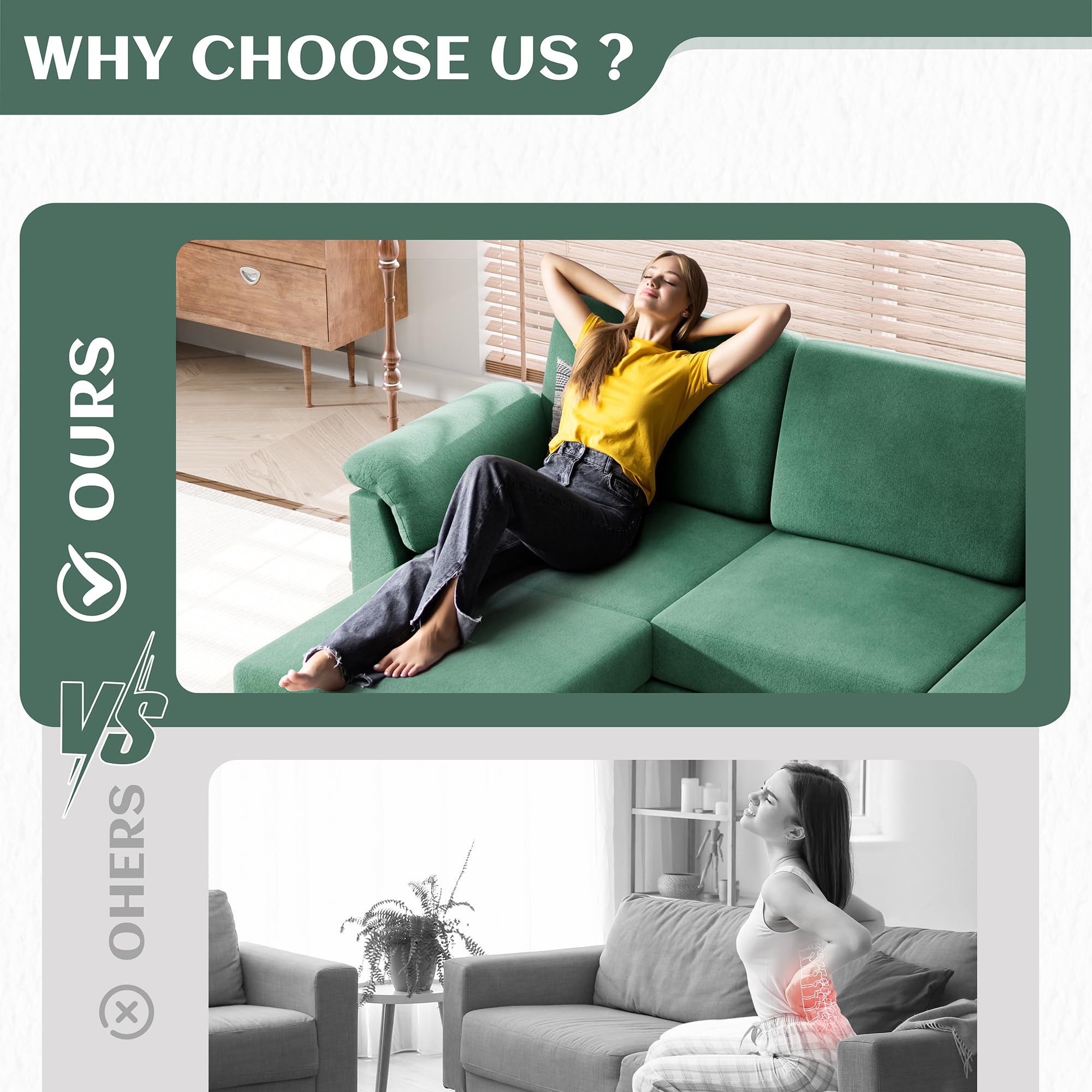 Vongrasig Convertible Sectional Couch, 3 Seat L Shaped Sofa with Removable