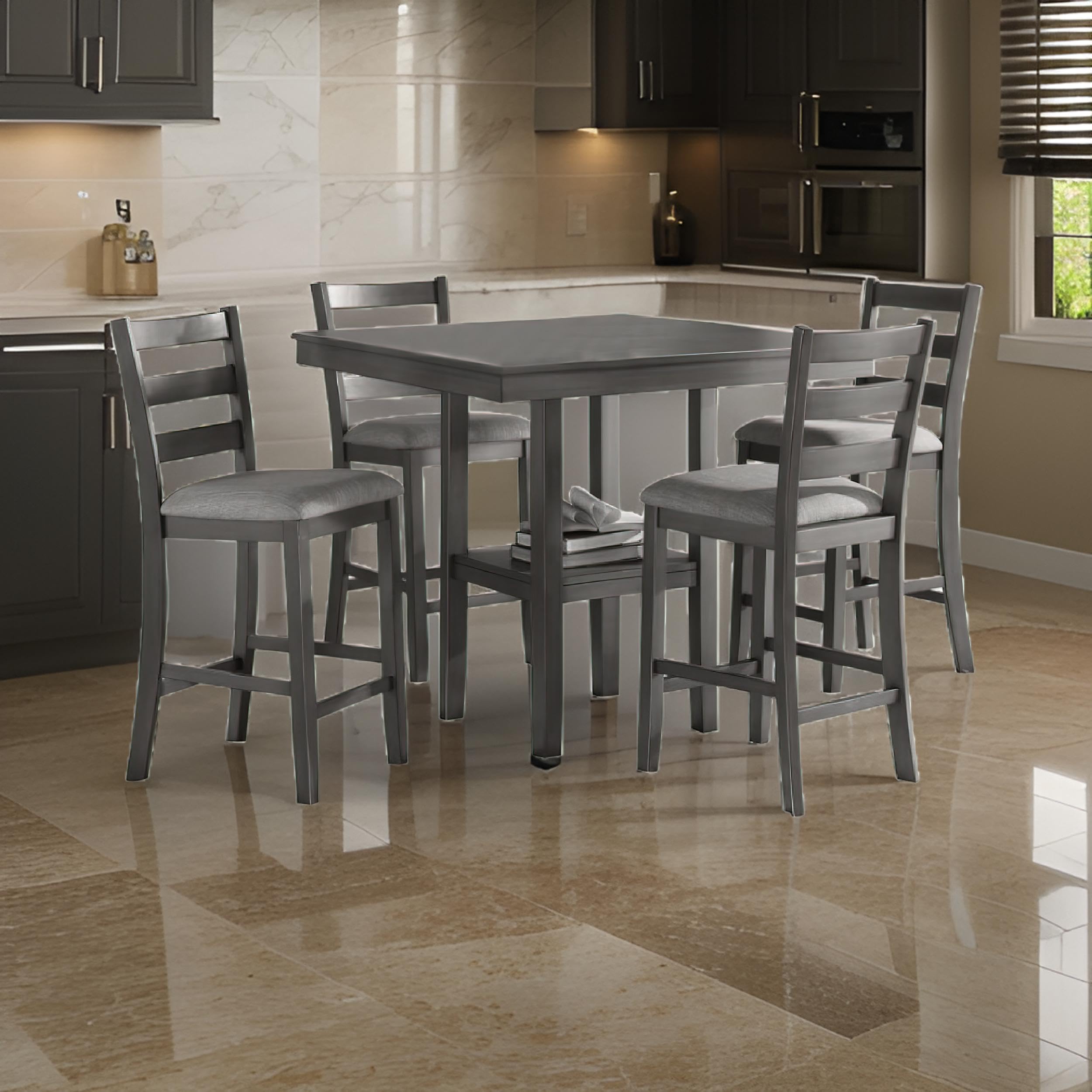 Height Dining Set, Table and 4 Chairs, Padded Seats, Gray