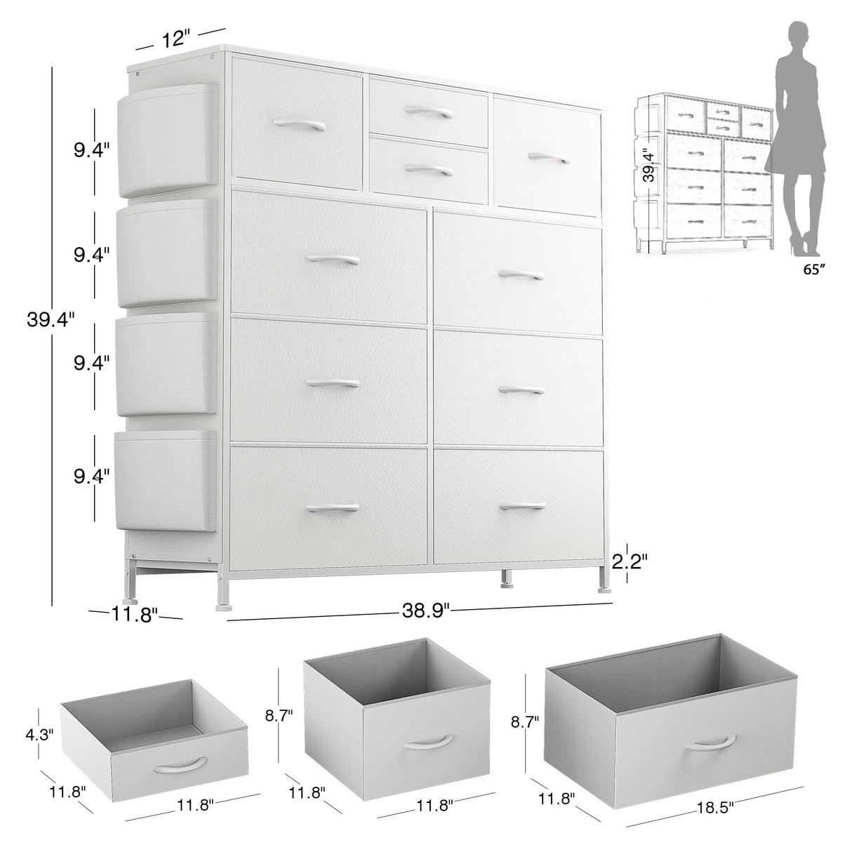 White Dresser for Bedroom 10 Drawers, Tall Fabric Dressers Chest of Drawers for Closet,